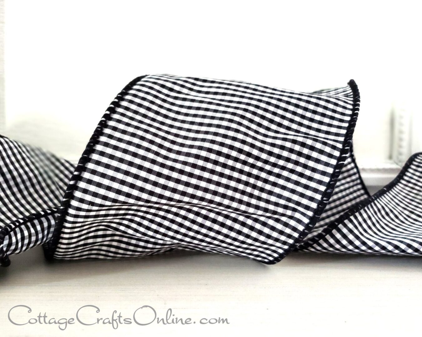 Mini black and white check 4" wide wired ribbon from the Etsy shop of Cottage Crafts Online.