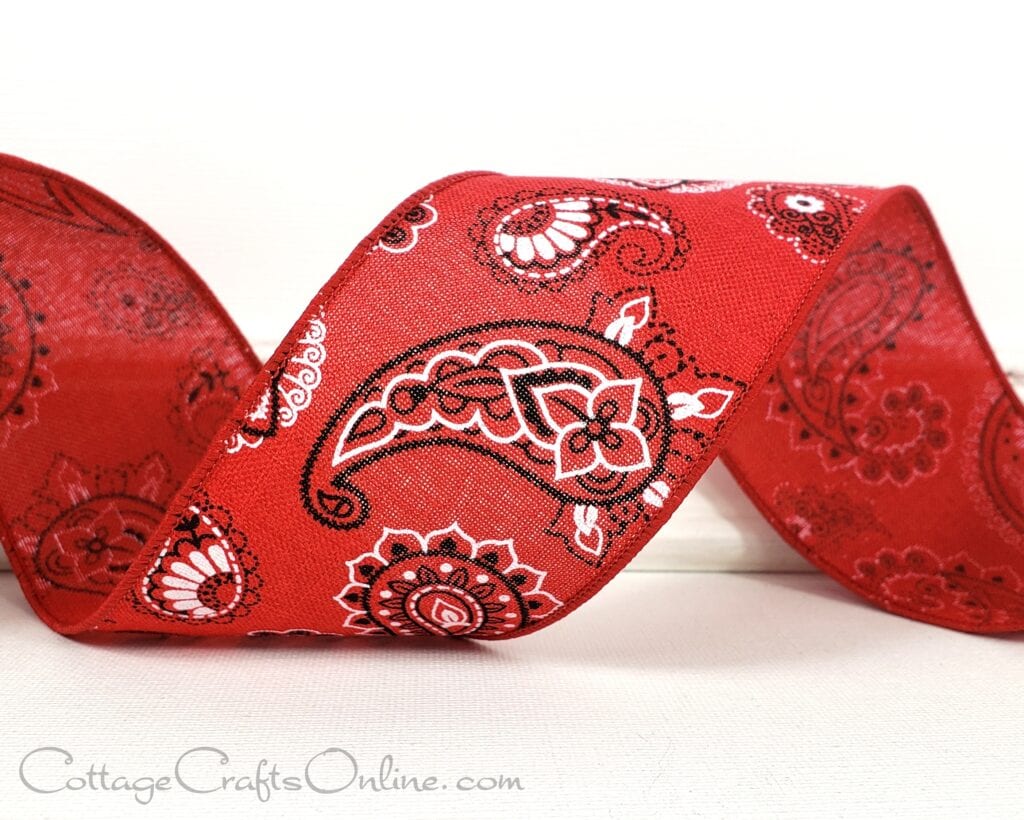 A red ribbon with paisley designs on it.
