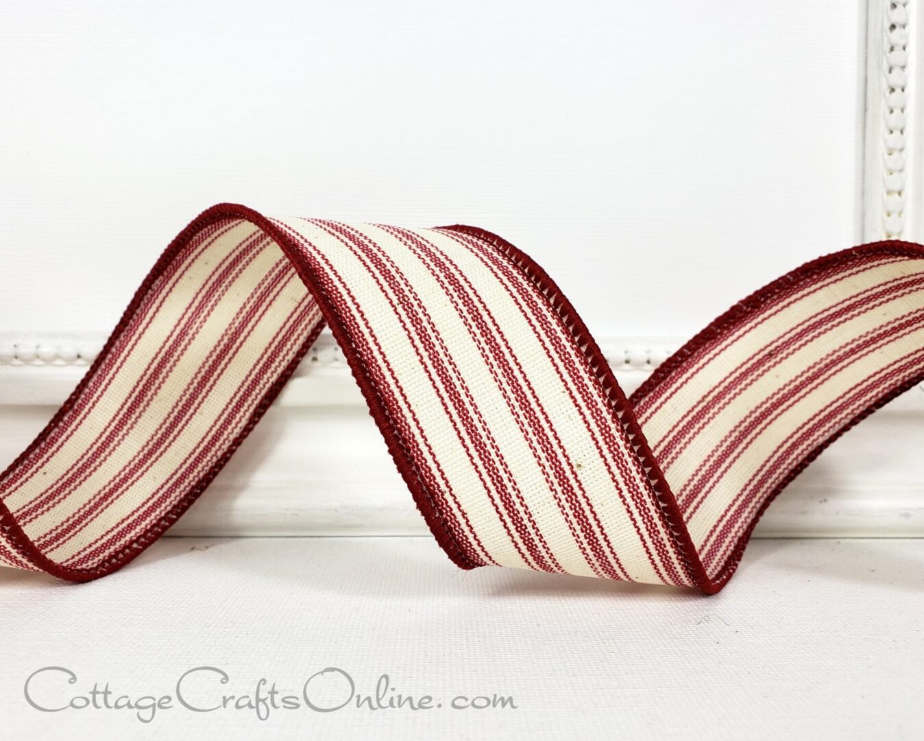 Burgundy and ivory ticking stripe 1.5" wide wired ribbon from the Etsy shop of Cottage Crafts Online.