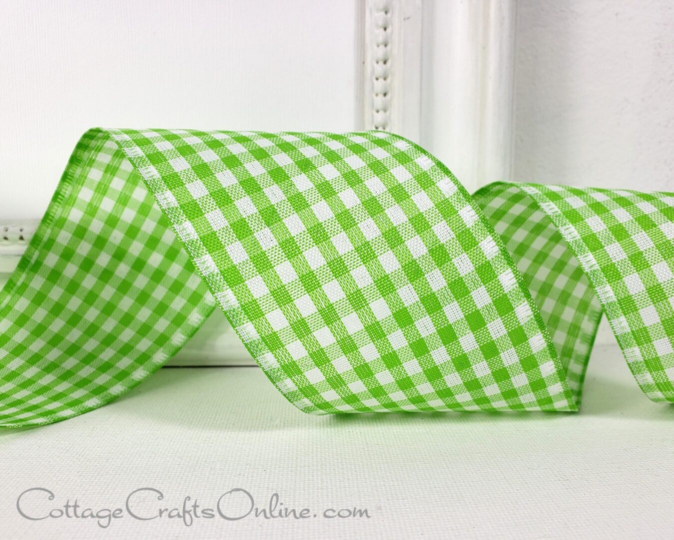 Grass green and white gingham check 2.5" wide wired ribbon from the Etsy shop of Cottage Crafts Online.