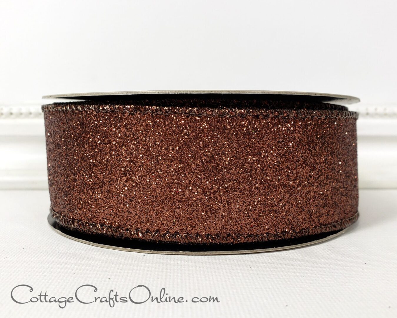 Brown glitter vintage 2.5" wide wired ribbon from the Etsy shop of Cottage Crafts Online.
