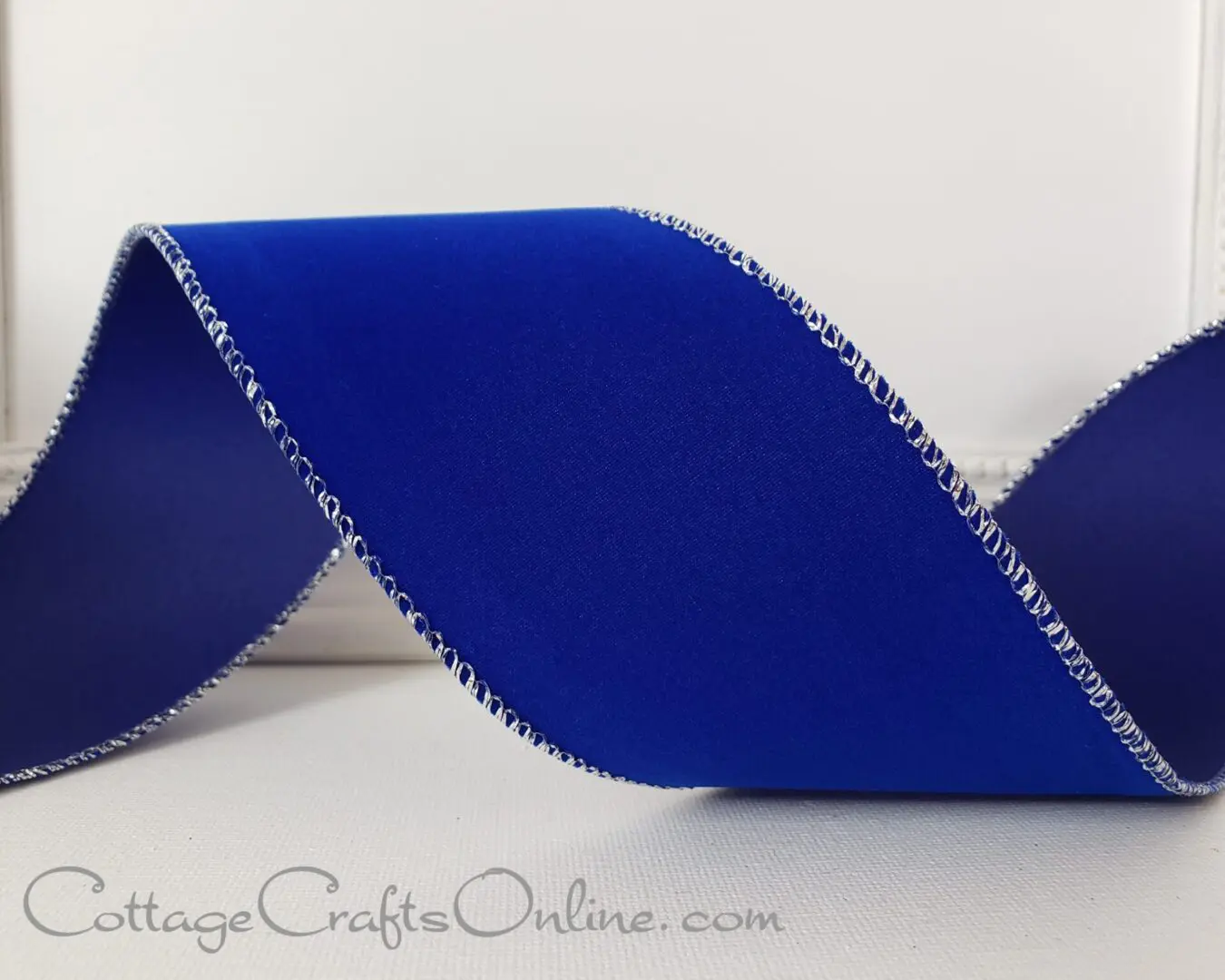 Velvet finish royal blue silver edge 2.5" wide wired ribbon from the Etsy shop of Cottage Crafts Online.