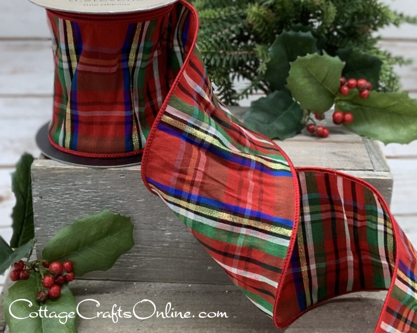 Red tartan with gold blue green white stripes 4" wide wired ribbon from the Etsy shop of Cottage Crafts Online.