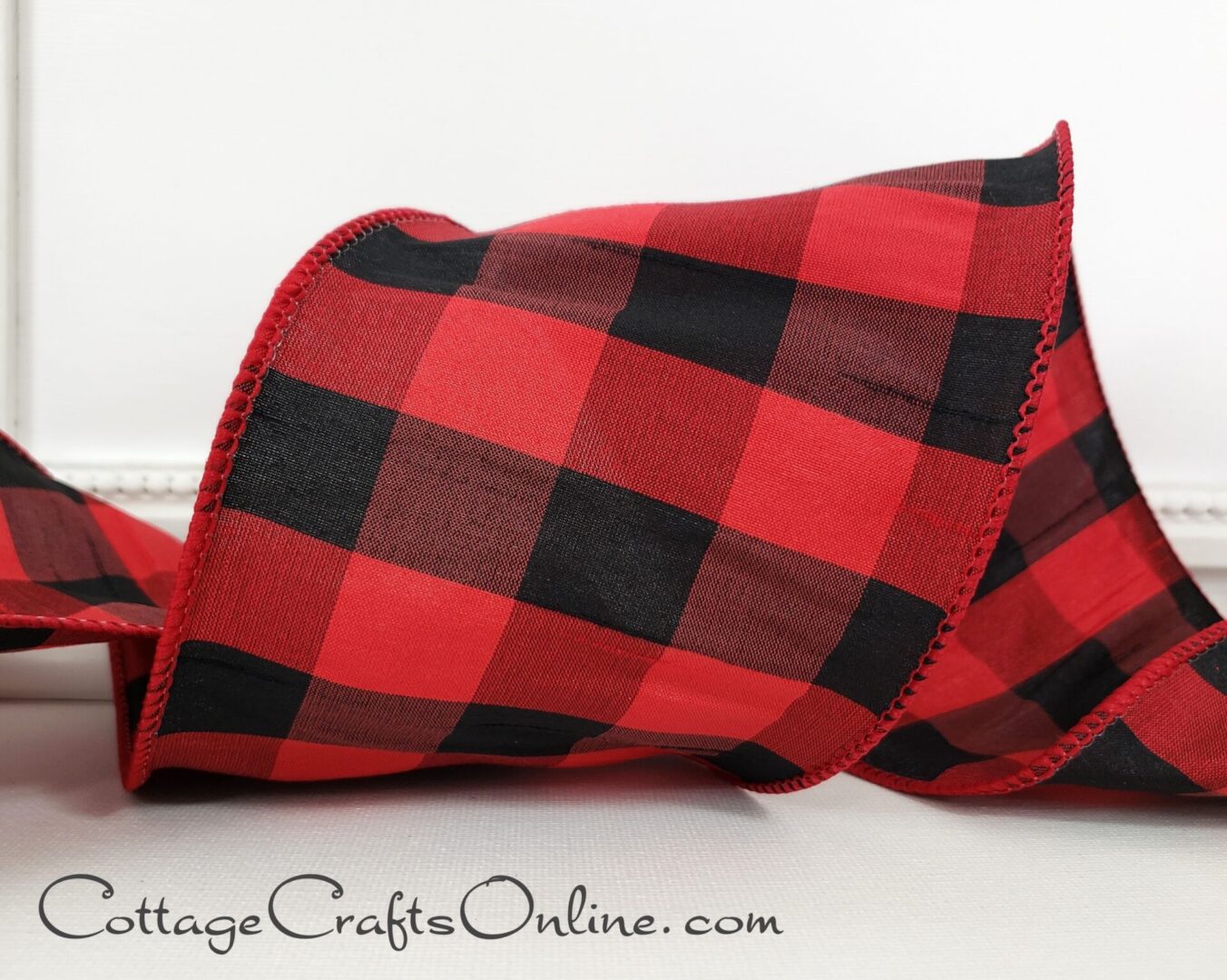 Red black buffalo check 4" wide wired ribbon from the Etsy shop of Cottage Crafts Online.