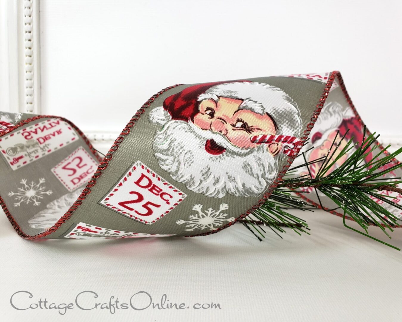 Vintage Santa with letters and snowflakes on grey green 2.5" wired ribbon from the Etsy shop of Cottage Crafts Online.
