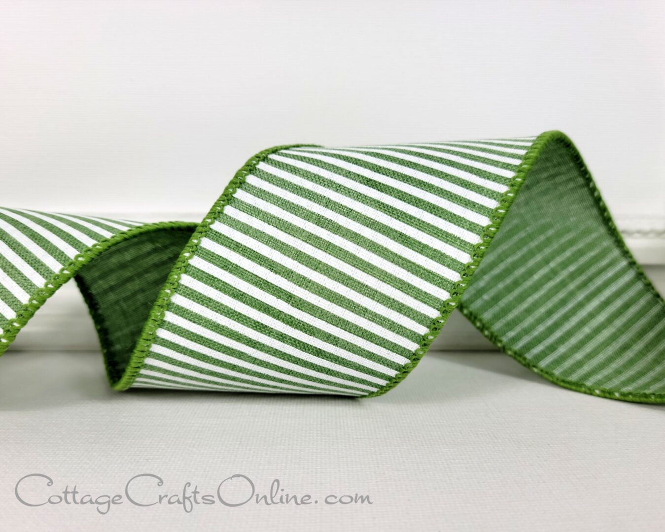 Clover green and white narrow horizontal stripes 2.5" wide wired ribbon from the Etsy shop of Cottage Crafts Online.