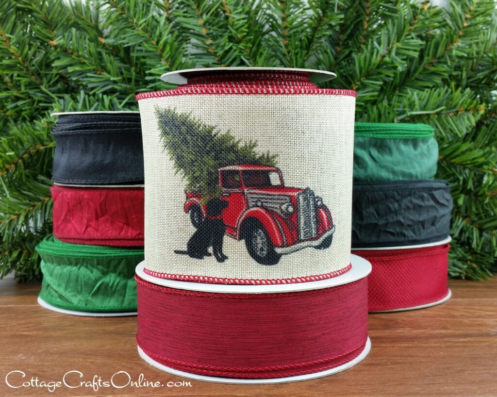 d stevens 09 2422 Christmas Tree Dog and Truck 4" wide 10 yard roll with coordinating solid ribbons in black green and red