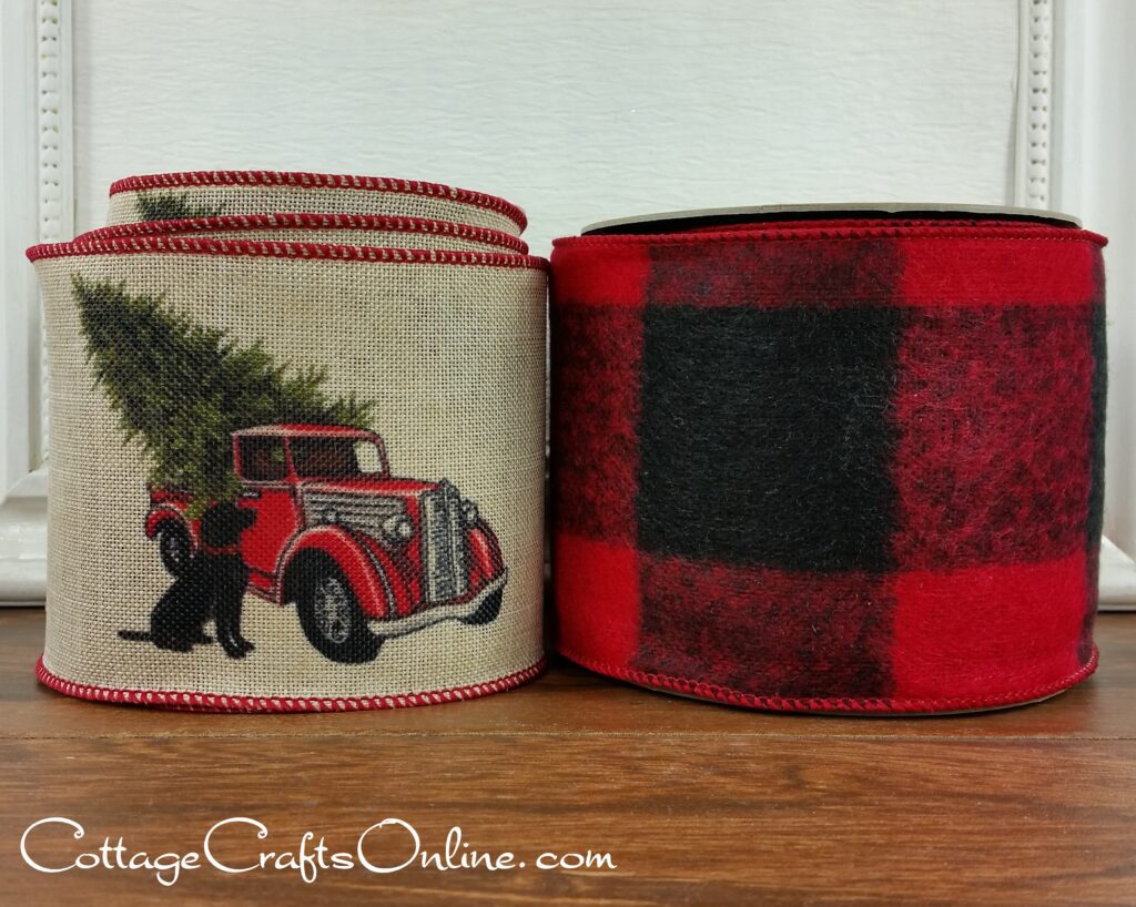 d stevens 09 2422 Christmas Tree Dog and Truck 4" wide 10 yard roll with d Stevens Jumbo Buffalo Plaid Flannel in red and black
