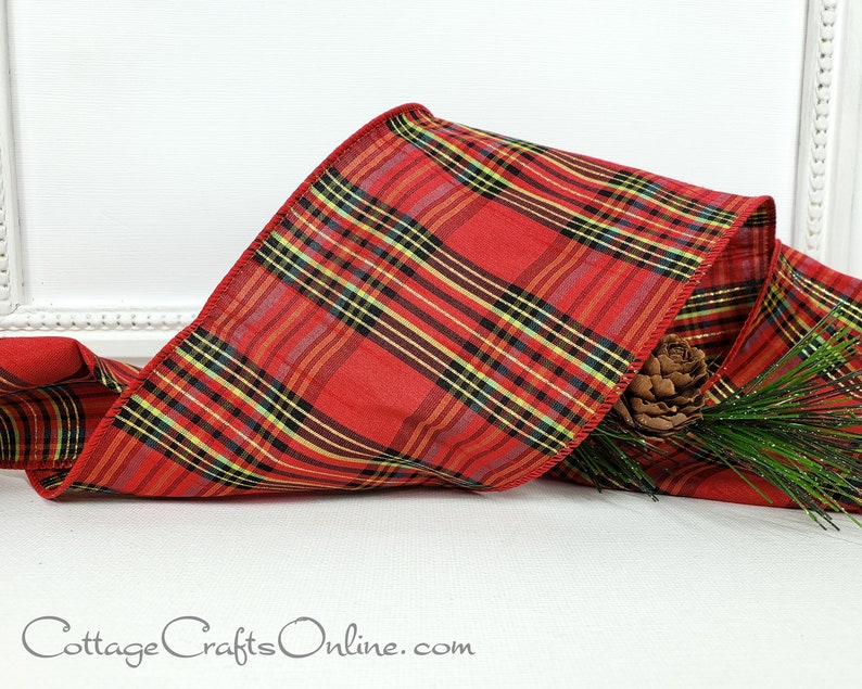 Traditional red plaid with black pale lime green gold accents 4" wide wired ribbon from the Etsy shop of Cottage Crafts Online.