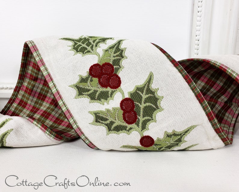 Embroidered holly berries with burgundy green plaid back 2.5" wired ribbon from the Etsy shop of Cottage Crafts Online.