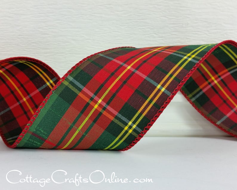 Plaid red dark green with yellow accents 2.5" wide wired ribbon from the Etsy shop of Cottage Crafts Online.