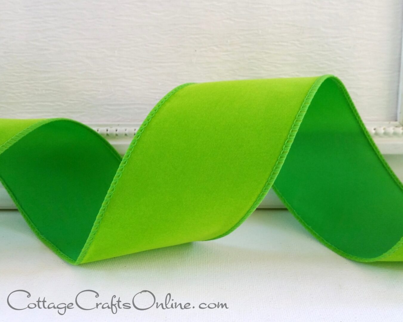 Lime green velvet 2.5" wide wired ribbon from the Etsy shop of Cottage Crafts Online.