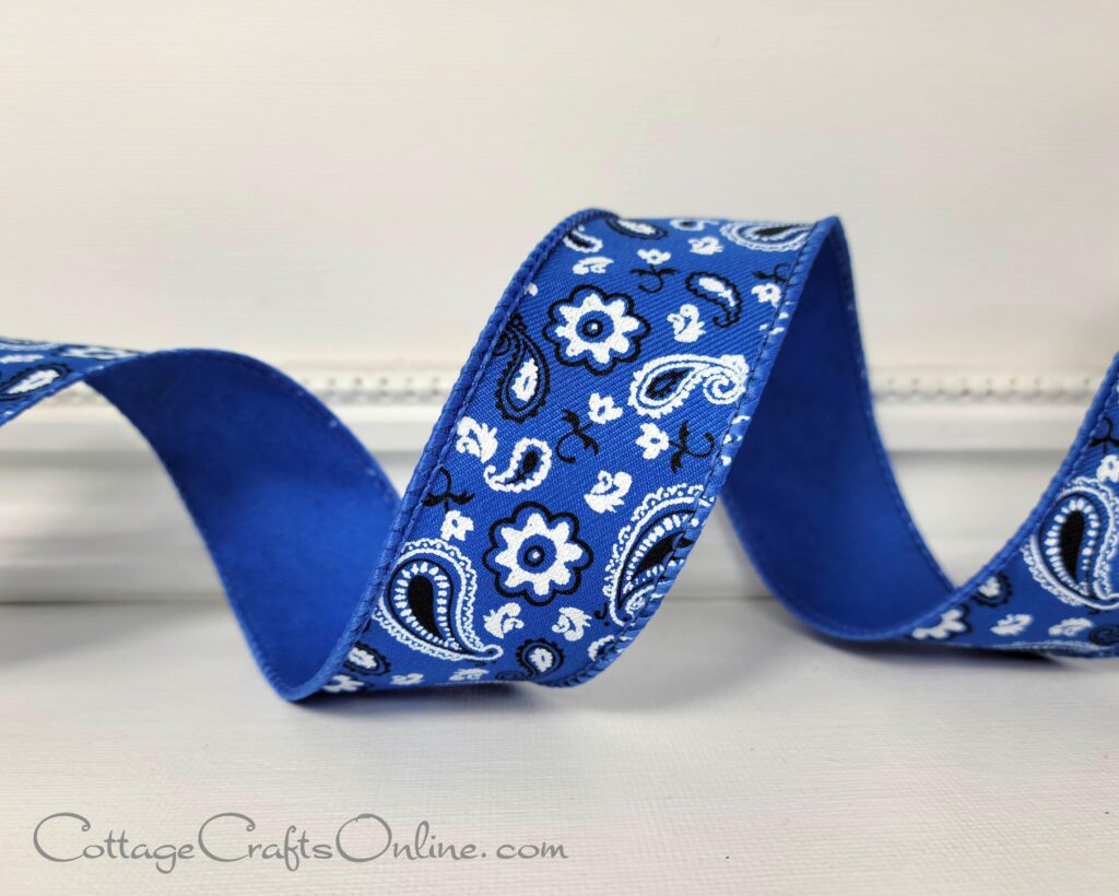 A blue ribbon with white and black paisley design.