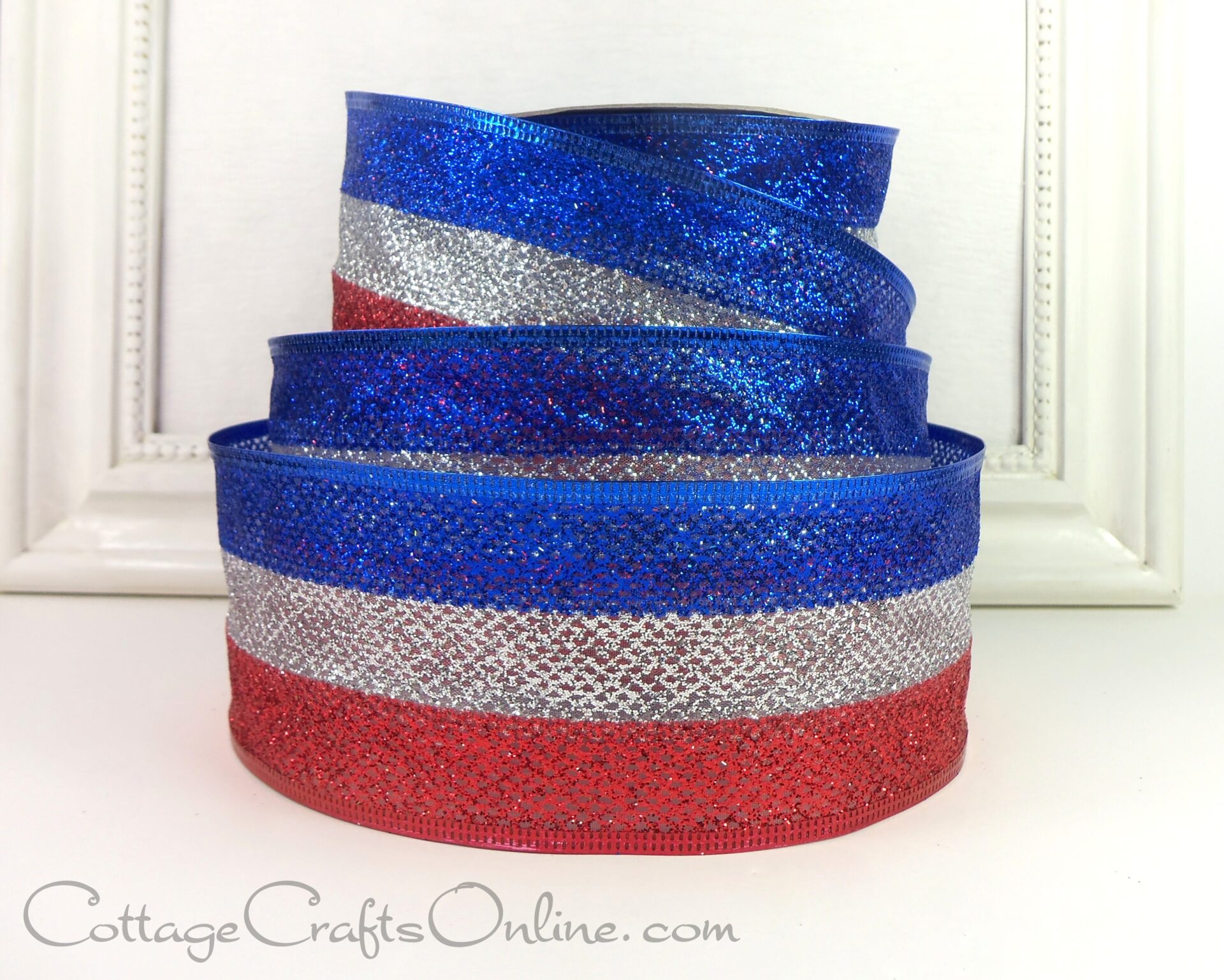 A red, white and blue metallic mesh ribbon.