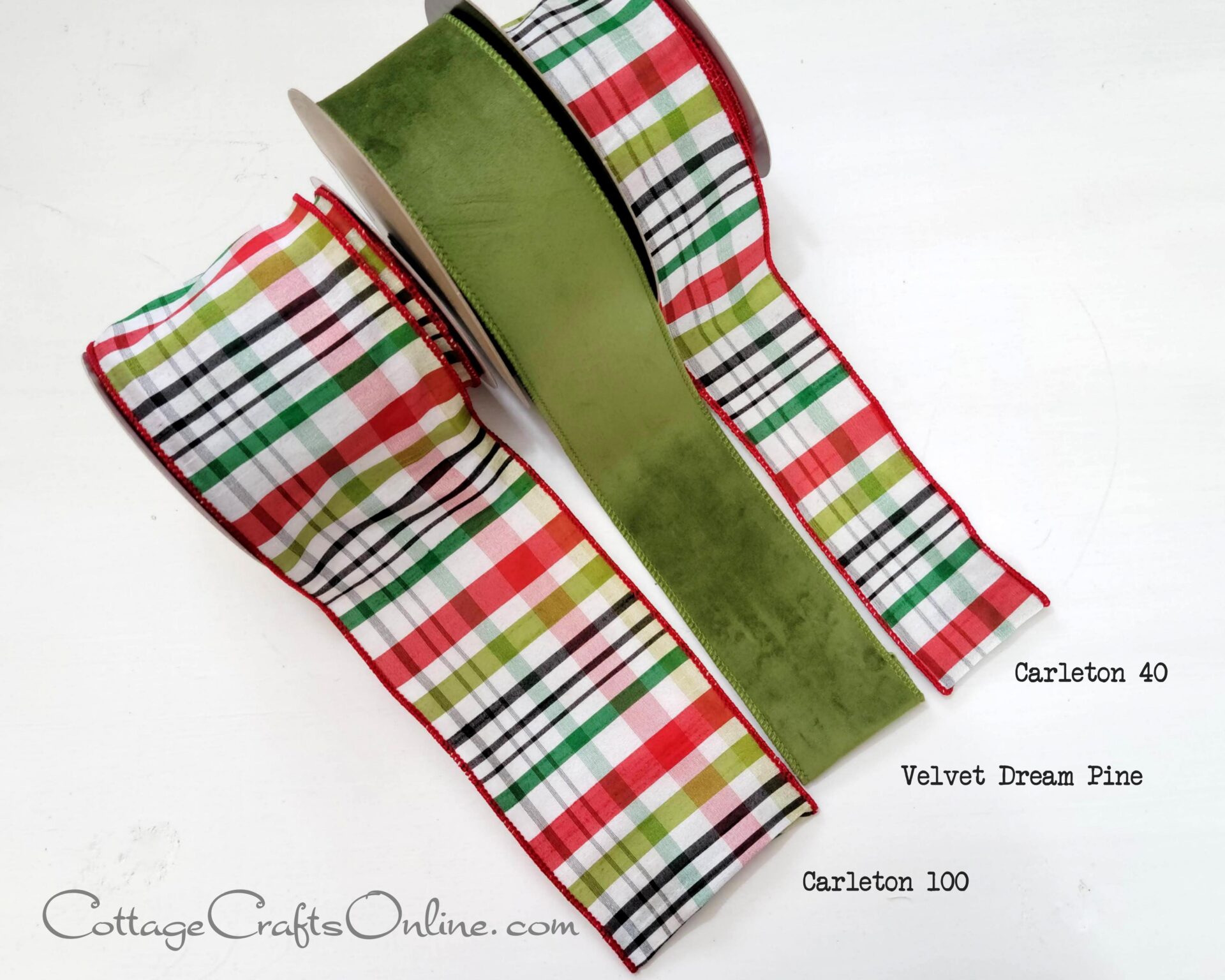A new fall ribbon with a green and red plaid pattern on a white background.