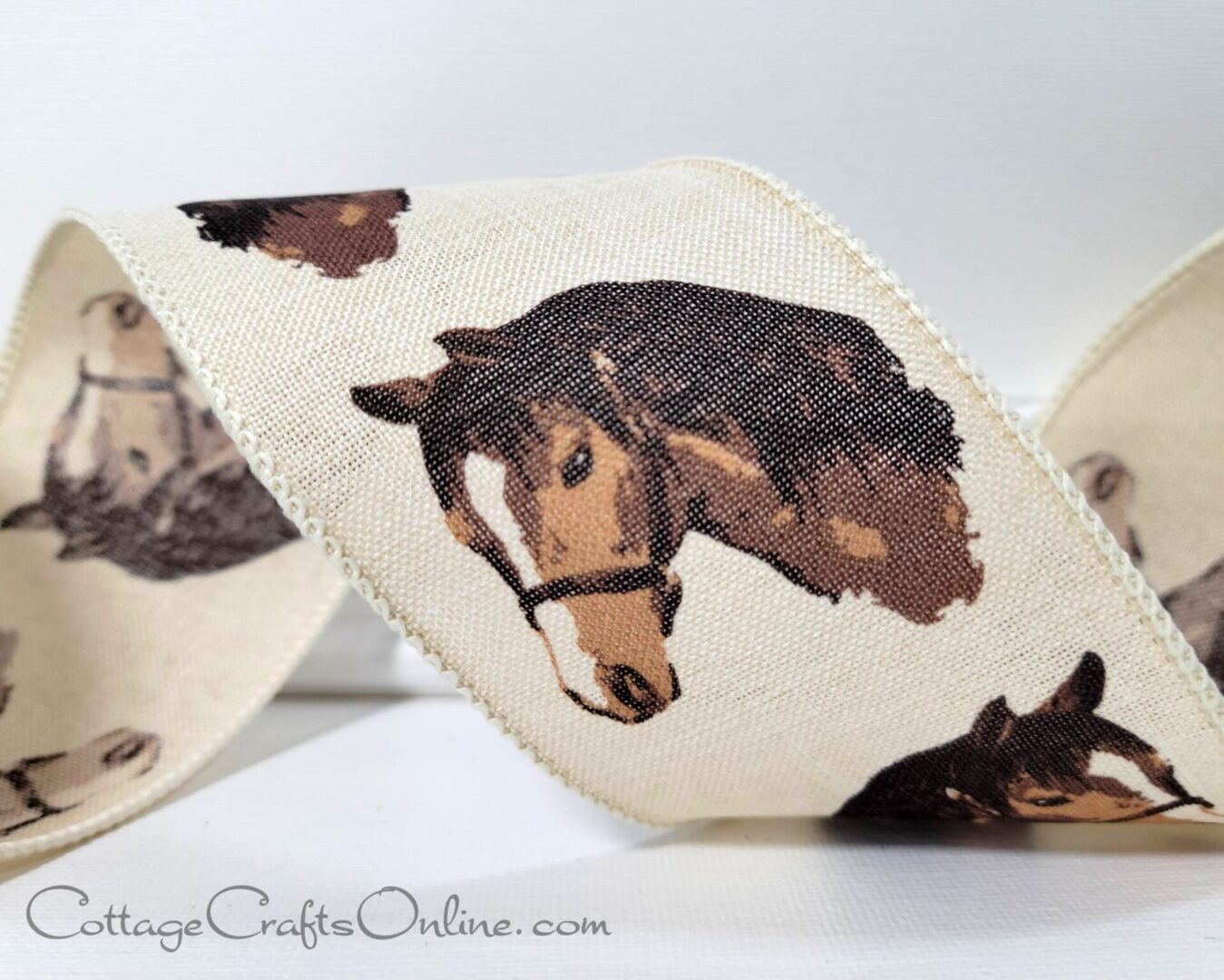 A close up of the horse head on a ribbon