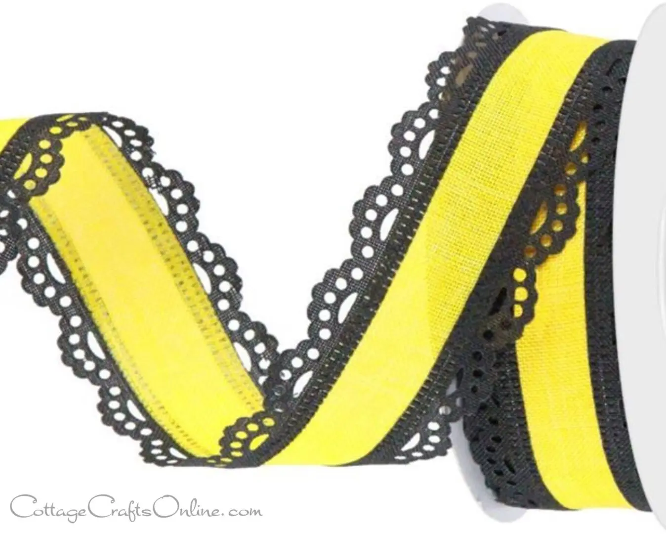 A yellow and black ribbon with lace trim.