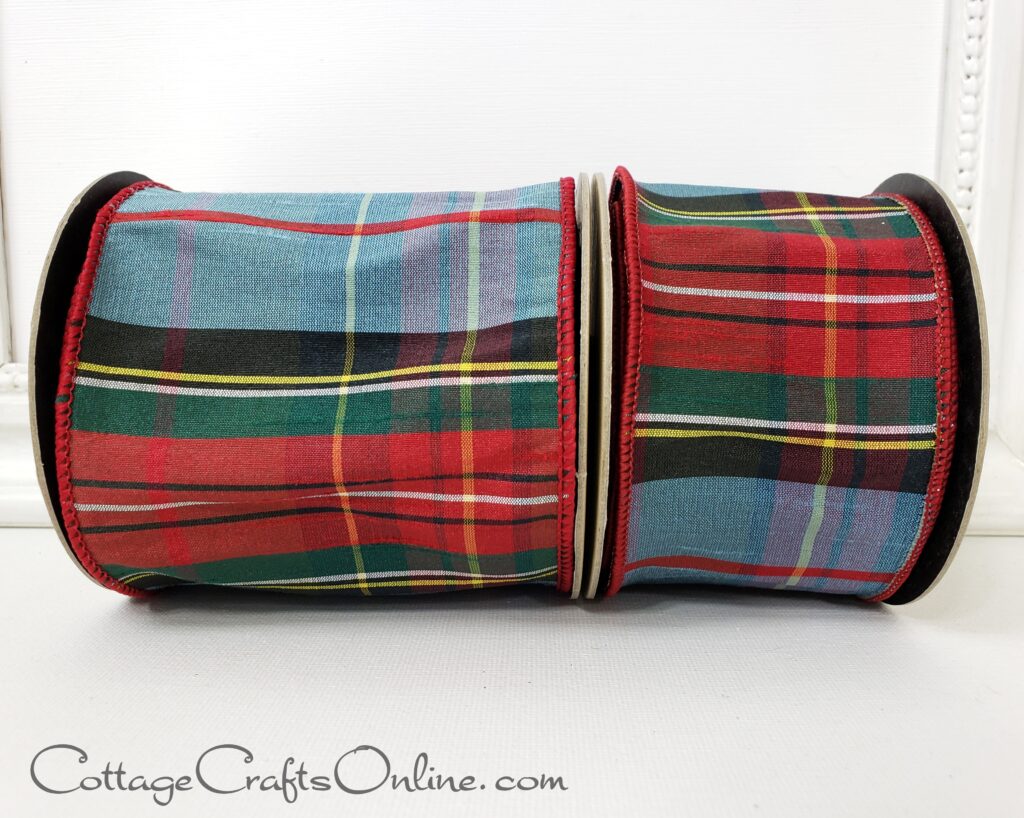 Dusty Blue Highland Plaid in both 2.5 inch and 4 inch widths, a wired faux dupioni ribbon by d stevens Fine Ribbons and sold by Cottage Crafts Online. The plaid is blue and red with green, black, yellow and white and a wired edge covered in red thread.