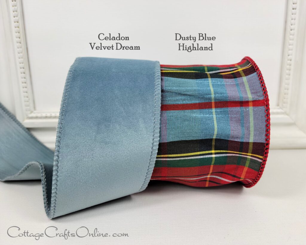 Celadon Blue Velvet Dream ribbon next to Dusty Blue Highland Plaid 4 inch wide wired faux dupioni ribbon by d stevens Fine Ribbons and sold by Cottage Crafts Online. The plaid is blue and red with green, black, yellow and white and a wired edge covered in red thread.