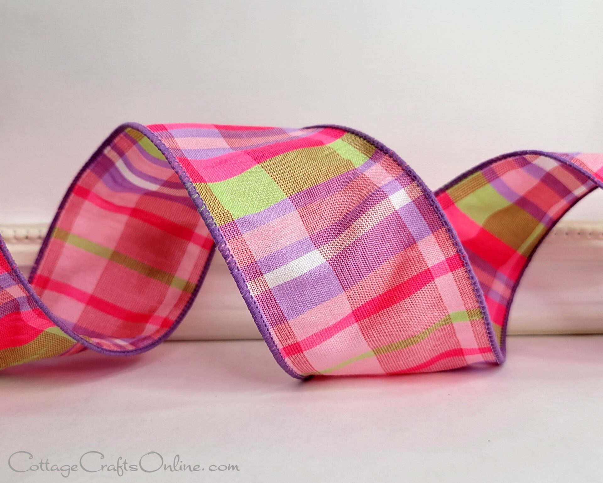 pink, lavender, light green plaid faux dupioni wired ribbon