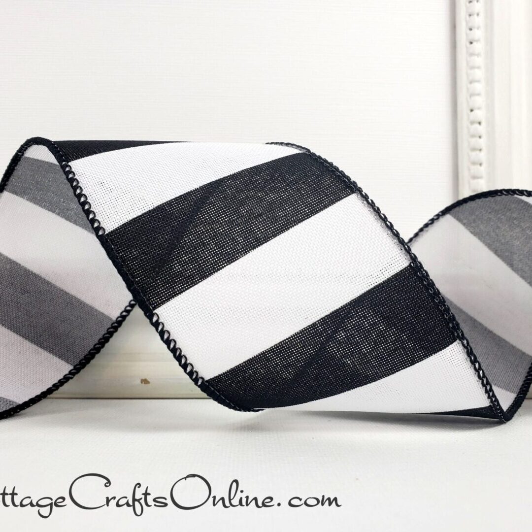 Black White Wide Stripe on Linen Look cb 40-003 Wide black white horizontal stripes 2.5" wide wired ribbon from the Etsy shop of Cottage Crafts Online.
