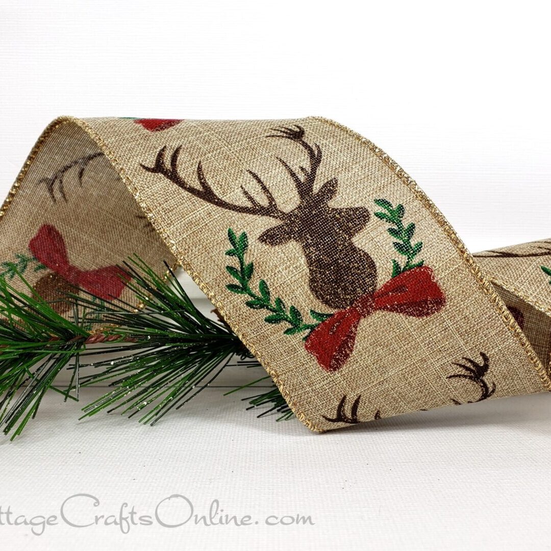 A close up of a ribbon with deer and bow